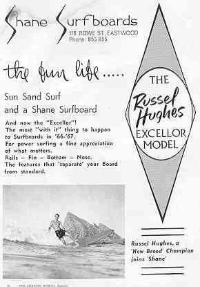 Shane Surfboards/Russell Hughes Advertisement,Surfing World Jan 1967